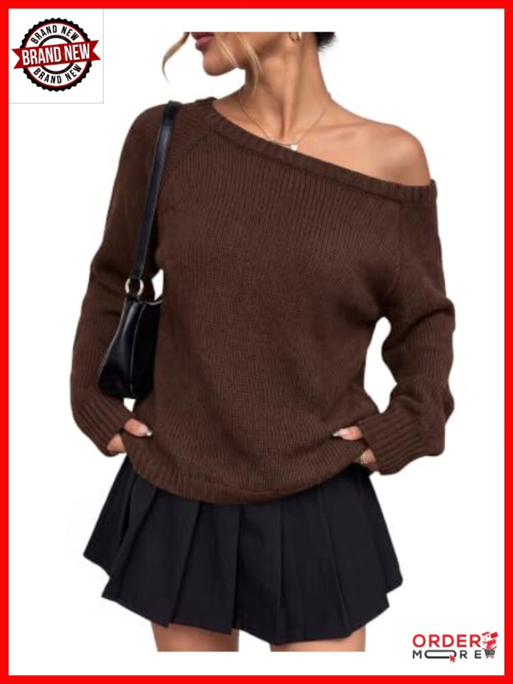 Off the Shoulder Ribbed Knit Pullover Sweater Long Sleeve Relaxed Fit